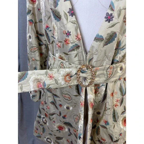 Embroidered Kimono Jacket Beige Floral Open Front Belted Women's M Bohemian - Picture 10 of 13